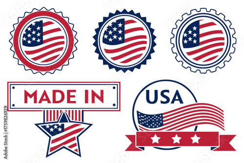 Made in USA vintage labels, American flag design, Stars and Stripes emblem, national industry stamp, patriotic day vector.