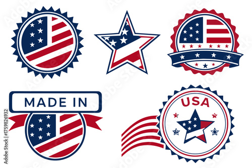 Made in USA stickers, vintage American flag badge, Stars and Stripes emblem, patriotic day stamp, national industry vector.