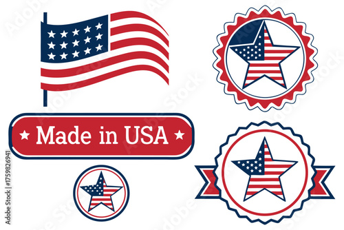 USA product label set, American flag badge, Stars and Stripes emblem, vintage patriotic day stamp, national industry vector.