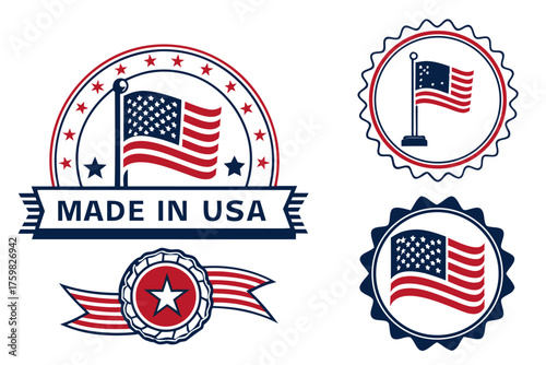 Made in USA stickers, American flag badge, Stars and Stripes emblem, vintage patriotic day stamp, national industry vector set.