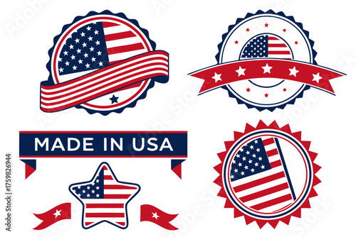 USA flag badge, Made in USA label, Stars and Stripes emblem, vintage national industry, patriotic day stamp vector.