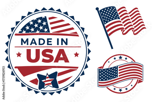 Made in USA labels, American flag badge, Stars and Stripes emblem, national industry, patriotic day stamp, vintage vector stickers.