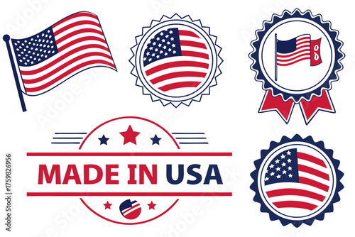 Made in USA label, Stars and Stripes emblem, American flag badge, patriotic day stamp, vintage national industry vector.
