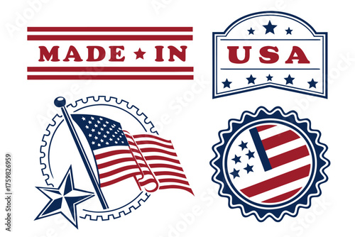 American flag badge, Made in USA label, Stars and Stripes emblem, vintage stamp, national industry patriotic day vector.