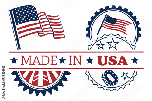 Vintage Made in USA label set, American flag badge, Stars and Stripes emblem, national industry, patriotic day vector sticker.