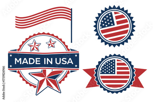 Made in USA vintage labels, American flag badge, Stars and Stripes emblem, patriotic day stamp, vector sticker set.