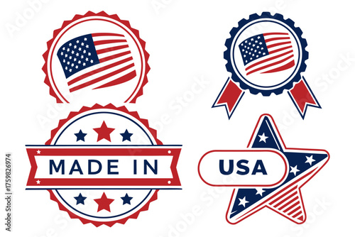 Vintage Made in USA labels, Stars and Stripes badge, American flag, national industry stamp, patriotic day vector stickers.