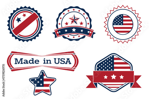 Made in USA product label, American flag badge, vintage Stars and Stripes emblem, patriotic day stamp, national industry vector.