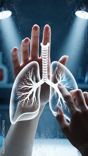 Medical Visualization with White Lungs Overlaid on Female Hands in a Sterile Blue Laboratory Environment with Beakers and Flasks for Healthcare Promotions and Medical Education Research