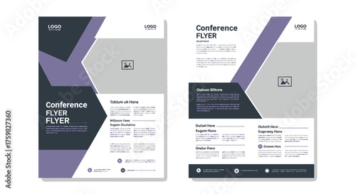 Modern Conference Flyer Design Template with Geometric Shapes and Placeholder Images.
