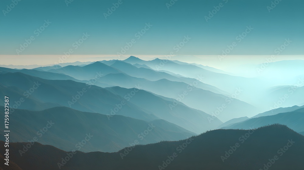 Fototapeta premium Layered mountain ranges fade into a hazy, atmospheric distance under a clear sky.