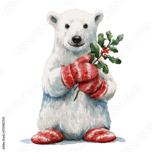 Cute polar bear holding holly in red mittens cheerful winter scene in watercolor style bringing festive spirit