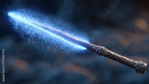 A magical wand emits a blue stream of light and sparkling particles. Its body is wooden with ornate carvings