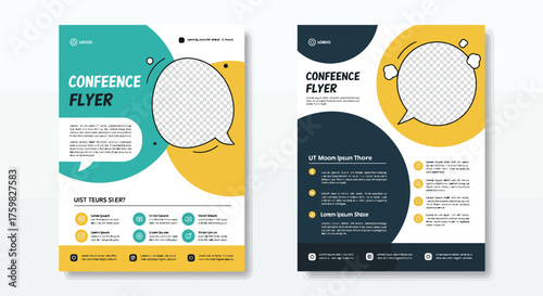 Modern Conference Flyer Design with Abstract Shapes and Icons.