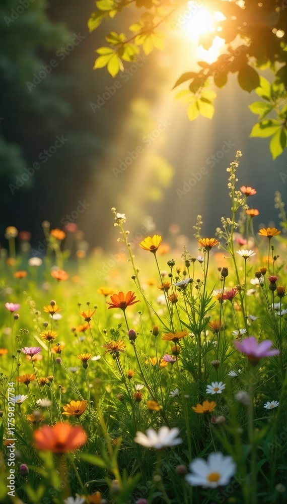 Fototapeta premium Golden sunlight streams through leaves onto a sun-drenched summer meadow, wildflowers blooming vibrantly A feeling of sacred peace and summer's warmth pervades the scene , holy, grass