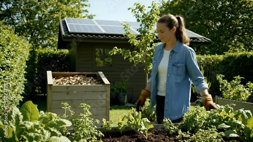 Woman Gardening in Sustainable Home Garden with Solar Panels