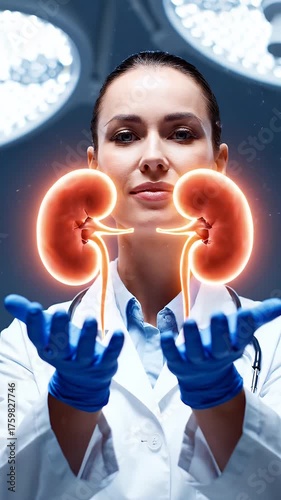 Smiling Doctor with Glowing Kidney Illustration in Clinic - A young female doctor in a white coat and blue gloves holds a pair of glowing kidneys against a bright surgical backdrop