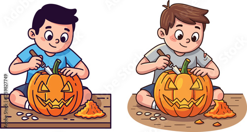 Children carving jack-o'-lanterns, Halloween cartoon vector with pumpkins, tools, pulp pieces, festive indoor activity, creative seasonal tradition, autumn fun