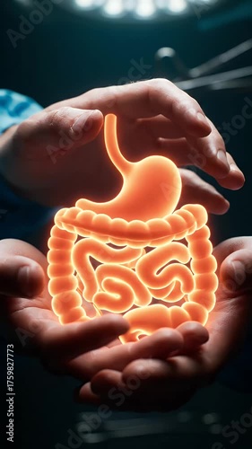 Surgeon Holding Glowing Stomach and Intestines in Hands with Dark Background Surgical Lamp Overhead Depicting Digestive Health and Gastric Well Being with Medical Professional Care