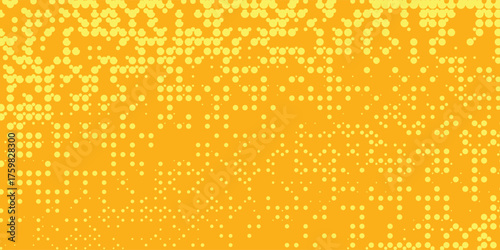 Yellow halftone pattern. Retro comic gradient background. Modern Bright orange pixelated dotted texture overlay. Cartoon pop art faded gradient pattern. Vector Eps 10