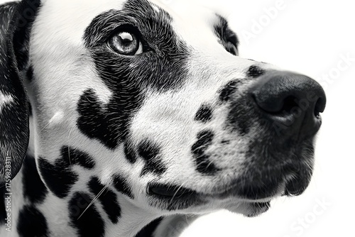 Black and white dog with a white spot on its face. The dog has a black nose and a black eye