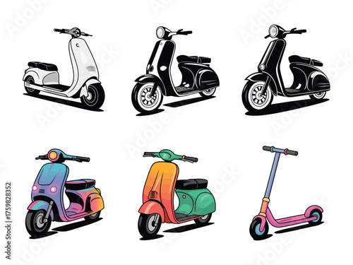 Collection of vintage and modern scooters in different styles and colors illustration