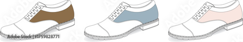 Three elegant classic lace-up dress shoe illustrations, each featuring a unique color block design on the upper, perfect for fashion concepts, retail branding, and style guides