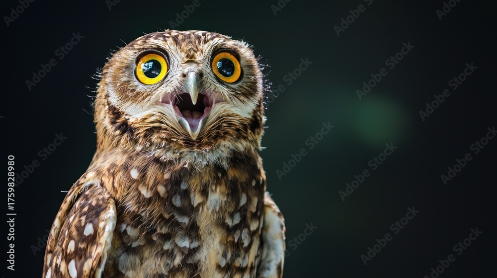 Obraz premium A spotted owl with large yellow eyes and a surprised expression, perched on a branch against a dark background.