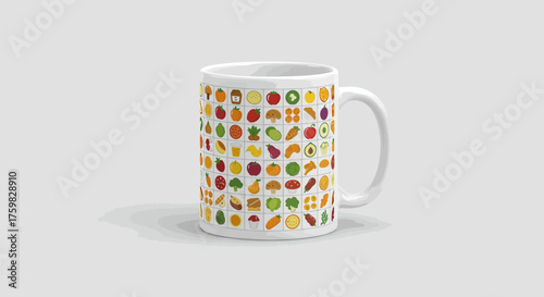 Mug with Colorful Fruit and Vegetable Pattern for Refreshing Drinks.