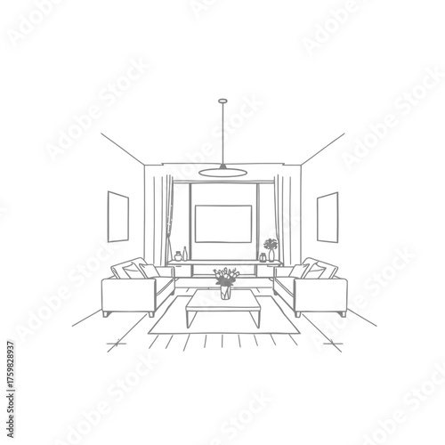 A detailed line drawing of a living room interior with furniture and decor.
