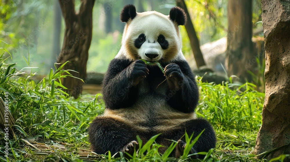 Obraz premium A panda bear sitting in a lush green forest, eating bamboo leaves.