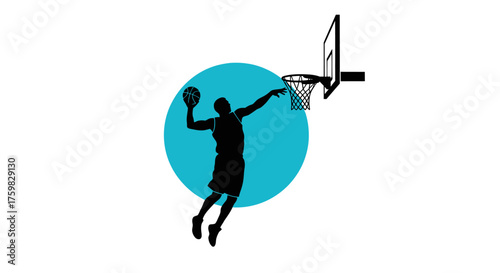Silhouette of a basketball player mid-air, about to dunk the ball into the hoop, set against a teal circle.