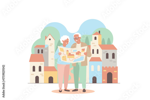 Happy senior couple exploring a charming European town with a map enjoying retirement travel