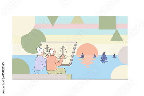 Senior couple drawing sailboats by the water at sunset Leisurely hobby peaceful retirement