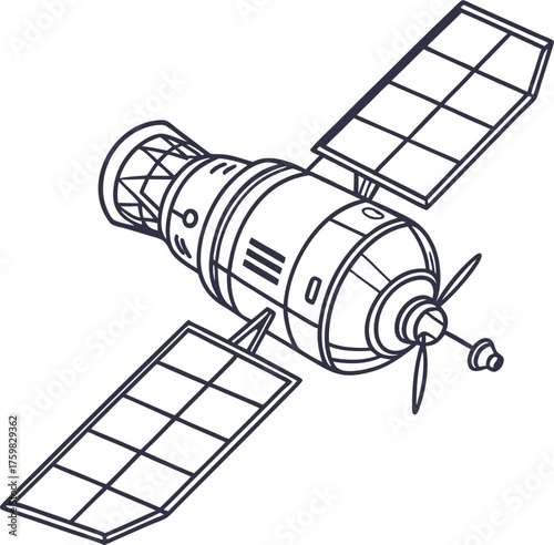 Satellite in space illustration showing solar panels and antennas for technology