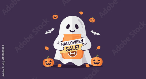 Friendly ghost holding a Halloween Sale banner with pumpkins and bats Ideal for holiday promotions and pet product sales