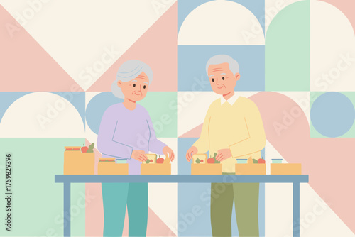 Senior couple packing healthy food boxes on a table Community volunteering and healthy lifestyle