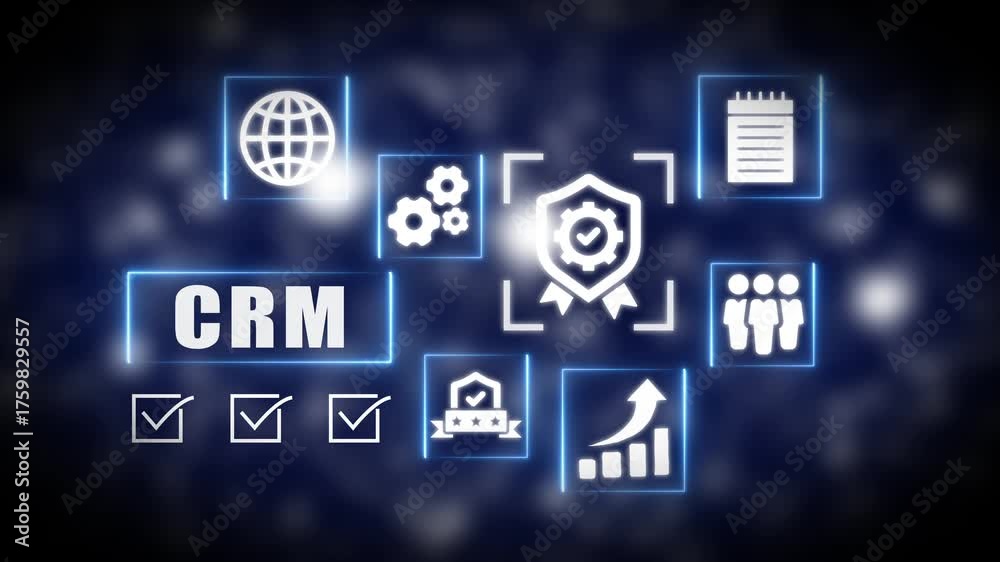CRM customer relationship management business concept with icons on blue blurred background technology