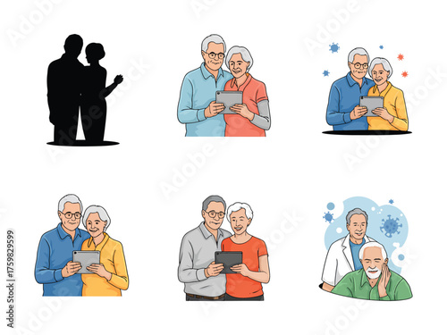 Illustrations of an Elderly Couple Using Tablet and Social Distancing Precautions