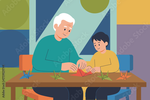 Grandfather teaches grandson origami sharing a joyful creative hobby and family bonding
