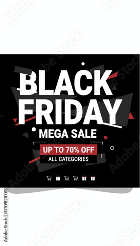 Black Friday Mega Sale banner offering up to 70 off across all categories Shopping concept
