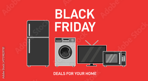 Black Friday sale graphic with home appliances fridge washer TV microwave on a red background