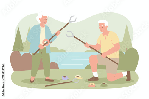 Senior couple cleaning park by lake with grabbers promoting environmental care