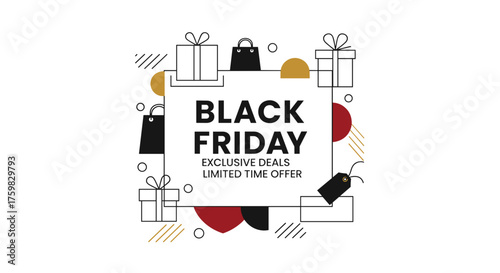 Modern Black Friday vector banner with gift boxes and shopping icons for exclusive deals