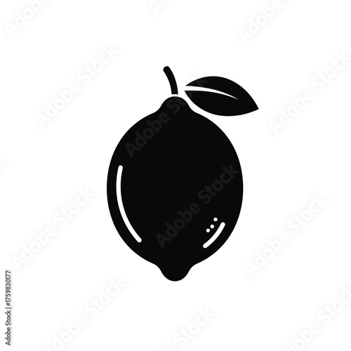 Bold black silhouette of a single ripe lemon with stem and leaf simple icon graphic silhouette