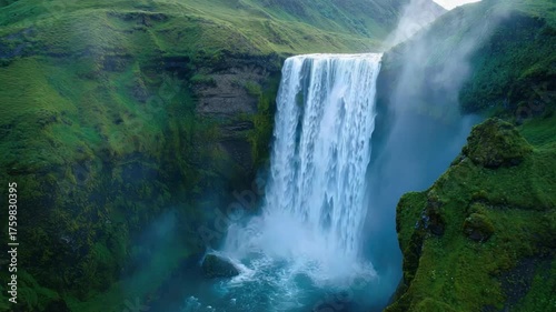A majestic waterfall plunges into a pool below. Lush green cliffs frame the cascading water