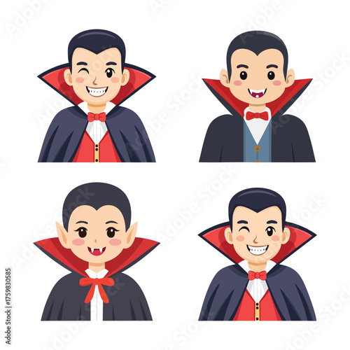Four cartoon illustrations of male vampires wearing capes and bow ties, showing various expressions like winking and smiling with fangs.