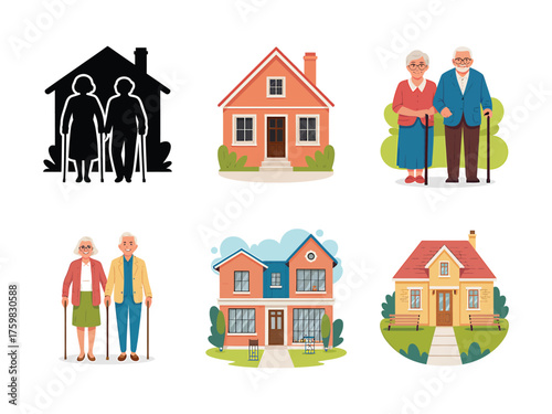Senior couple with houses illustrations for retirement planning and community living
