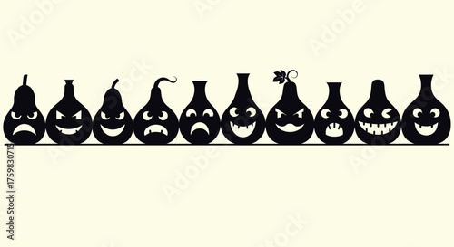 Row of black Halloween gourds with carved faces on white background.