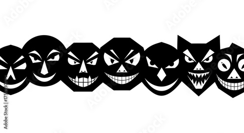 Row of seven menacing black cartoon faces with sharp teeth and evil grins.